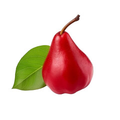 fresh organic red pear cut in half sliced with leaves isolated on white background with clipping path