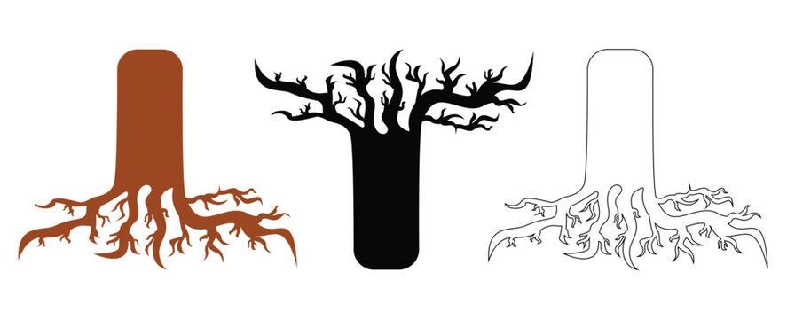 Spring tree root  with black silhouette and line art vector illustration