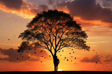 Captivating sunset silhouettes. Person or tree silhouette against vibrant sky, leaves gently falling, evoking tranquility and nostalgia.