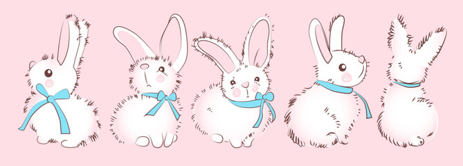 Vector hand-drawn isolated character cute white rabbit with a blue ribbon and bow on his neck in different angles on a pink background.