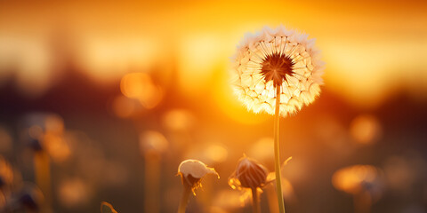 flower in the morning,AI generated Dandelions in sunlight close-up summer background. Ai generated,Dandelion seeds blowing in the wind,Landscape with dandelion field and sunset bokeh background genera - obrazy, fototapety, plakaty