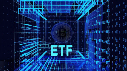 he bold, neon-illuminated letters "ETF" hover in the center of a stylized blockchain, symbolizing the merging of traditional finance with the digital asset revolution
