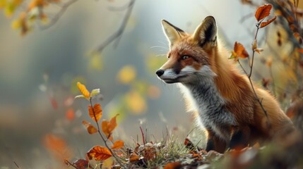  a close up of a fox in a field of grass and leaves with a blurry background of orange and yellow leaves.