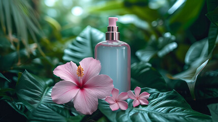 Minimalist women's cosmetics packaging Product In the lush summer garden, the delicate pink floral beauty of the tropical flower stood out among the vibrant green leaves, serene spa ambiance with its