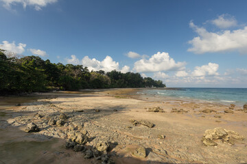 Sunny morning on Sitapur bay beach at low tide at the coast of a tropical Shaheed Dweep or Neil island in Andaman and Nicobar archipelago