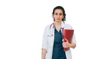 Confident curly female young doctor standing against transparent background with copy space holding folders looks at camera.