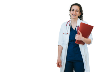 Cheerful curly female doctor with stethoscope on neck holds folder toothy smiles looks at camera happily against transparent background, medical employee ready to help. Healthcare, medicine.
