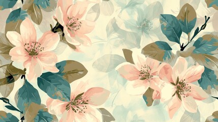  a painting of a bunch of flowers on a blue and pink background with green leaves and pink and white flowers.