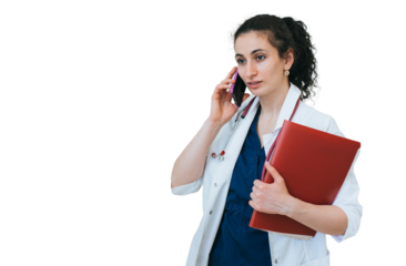 Female doctor in medical gown talking by phone holds folder consulting patient looks away. nurse against transparent background males call. Medicine, hospital. Medical employee working