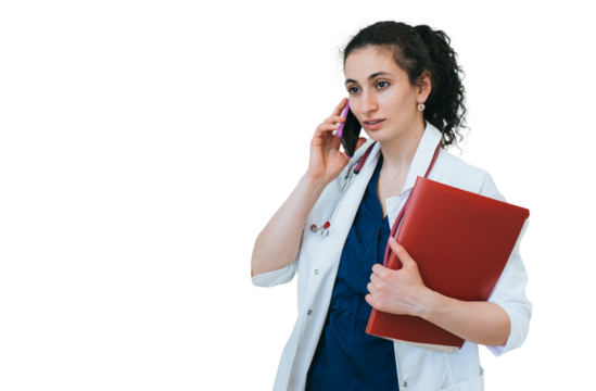 Female doctor in medical gown talking by phone holds folder consulting patient looks away. nurse against transparent background males call. Medicine, hospital. Medical employee working