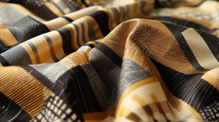  a close up of a yellow, black, and white checkered pattern on a piece of cloth or material. - obrazy, fototapety, plakaty