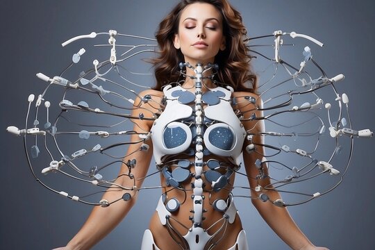 Mujer futurista, con sensores sobre el cuerpo, conexiones neuronales, tecnolog&iacute;a del futuro, implantes neuronales