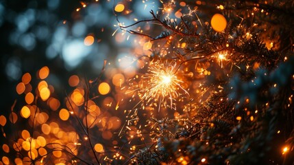 Naklejka premium Festive Sparkler Amidst Twinkling Christmas Tree Lights
