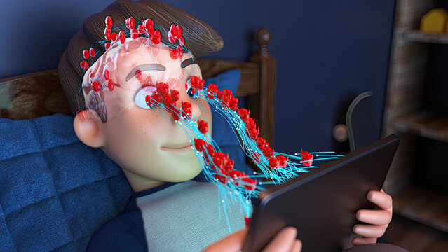 3D cartoon kid being conditioned with mind viruses
