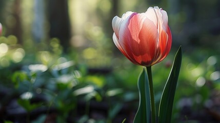 Naklejka premium a red and white tulip in the middle of a field of green grass with trees in the back ground.