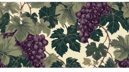  a close up of a bunch of grapes on a vine with leaves on a white background with green and purple colors. - obrazy, fototapety, plakaty