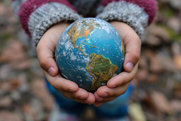 Close-up of children's hands holding a globe of the earth in their hands.