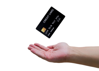 Man hand and black credit card mockup floating, used for online shopping and online transactions. on transparent background