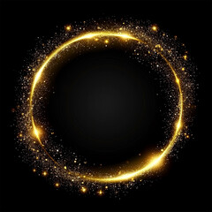 Gold glitter circle of light shine sparkles and golden spark particles in circle frame on black background, ai technology