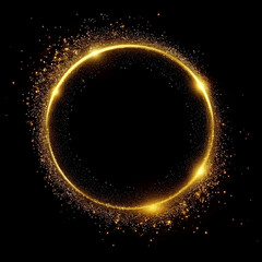 Gold glitter circle of light shine sparkles and golden spark particles in circle frame on black background, ai technology