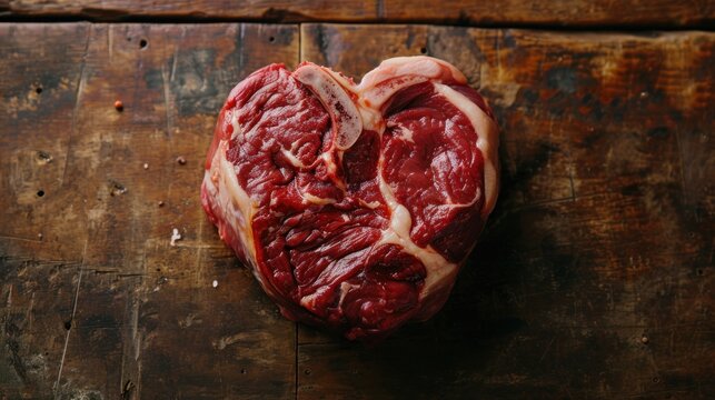  a piece of meat in the shape of a heart on a wooden table with a piece of meat in the shape of a heart.