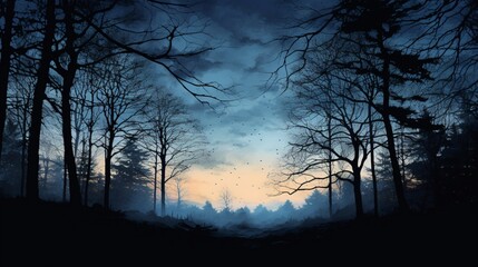 Naklejka premium A twilight forest scene with silhouetted trees against the deepening sky, capturing the transition from day to night