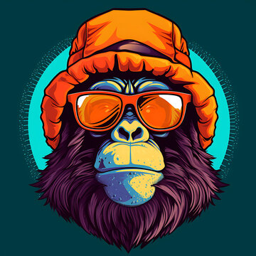 cool-faced monkey wearing stylish glasses and a cap hat vector illustration Pop art color animal gorilla head creative character mascot logo design