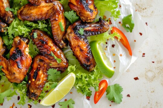 Grilled Chicken Wings with Lettuce and Lime