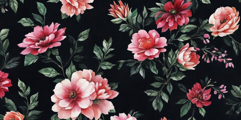 Watercolor Seamless Drawing Floral Blossom Botanical Texture Painting Flower Pattern black Fabric Print Nature Background Illustration.Vintage Spring Pink Color Plant Garden Painting Wallpaper Design