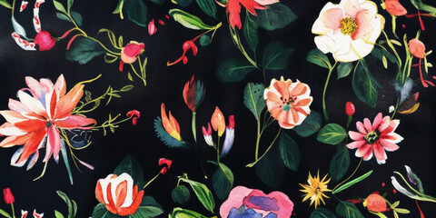 Watercolor Seamless Drawing Floral Blossom Botanical Texture Painting Flower Pattern black Fabric Print Nature Background Illustration.Vintage Spring Pink Color Plant Garden Painting Wallpaper Design