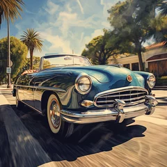 Poster American blue vintage retro car on the street © TiA
