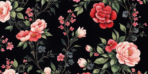 Watercolor Seamless Drawing Floral Blossom Botanical Texture Painting Flower Pattern black Fabric Print Nature Background Illustration.Vintage Spring Pink Color Plant Garden Painting Wallpaper Design