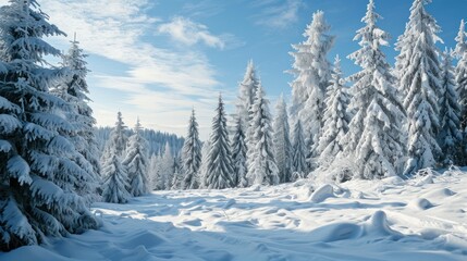  a snow covered forest filled with lots of tall pine trees under a blue sky with a few wispy clouds.