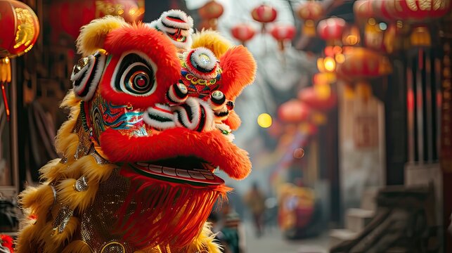 Chinese traditional lion dance costume at a temple in China, Lunar new year celebration, Chinese New Year
