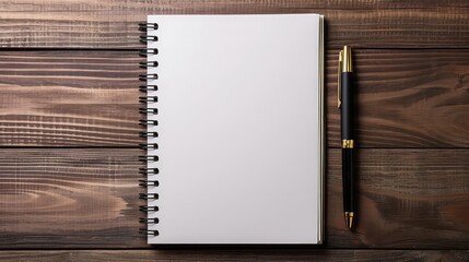 Mockup blank space on spiral notebook. White template on sketch book, vertical full page with black and gold pen. Top view of paper for draw, note, to do list for creative design - obrazy, fototapety, plakaty