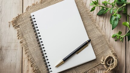 Mockup blank space on spiral notebook. White template on sketch book, vertical full page with black and gold pen. Top view of paper for draw, note, to do list for creative design