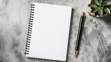 Mockup blank space on spiral notebook. White template on sketch book, vertical full page with black and gold pen. Top view of paper for draw, note, to do list for creative design
