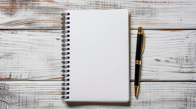 Mockup blank space on spiral notebook. White template on sketch book, vertical full page with black and gold pen. Top view of paper for draw, note, to do list for creative design