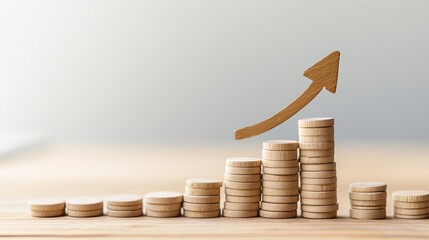 Upward arrow on round wooden sticks as business graph steps isolated on wood desk with copy space. Business growth graph process, goal, success, and economic improvement concepts.