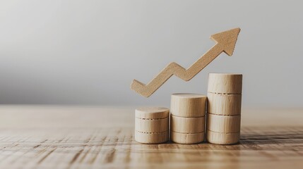 Upward arrow on round wooden sticks as business graph steps isolated on wood desk with copy space. Business growth graph process, goal, success, and economic improvement concepts. - obrazy, fototapety, plakaty