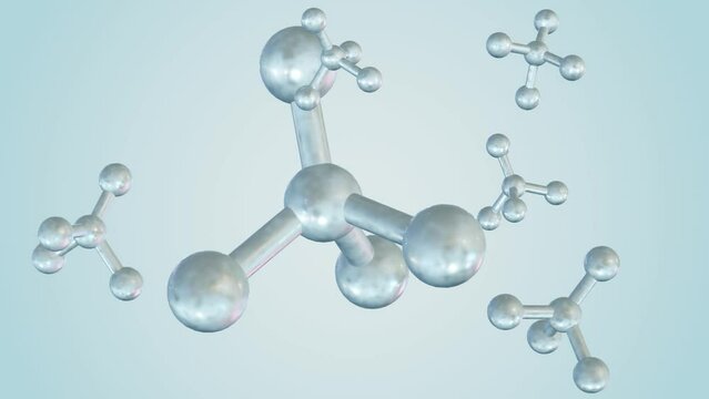 3D animation depicts Dichlorodifluoromethane molecules, commonly used as a refrigerant and aerosol spray propellant, drifting through space.