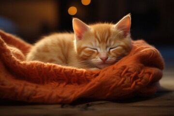 A cute little red kitten is sleeping wrapped in blanket. Autumn cold.