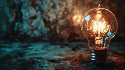  a light bulb sitting on top of a table next to a stone wall with a light bulb on top of it. - obrazy, fototapety, plakaty