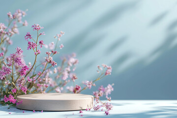 "Nature-Inspired Podium Display Photo Featuring Delicate Pink Flowers and a Bokeh Background with Soft Sun Rays, Perfect for Promoting Products like Cosmetics."