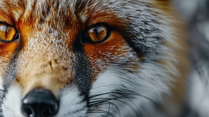  a close - up of a red fox's face with a blurry background of snow on its fur.