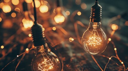  a couple of light bulbs sitting on top of a table next to a string of lights that are hanging from the ceiling. - obrazy, fototapety, plakaty