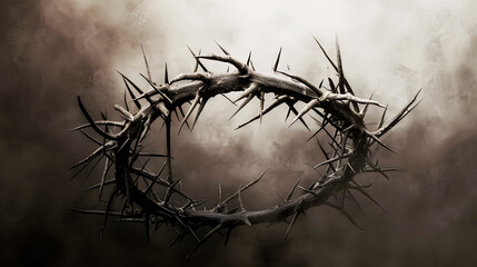 The crown of thorns of Jesus of Nazareth on dark background. Easter. Christian Context of Holy Week.  - obrazy, fototapety, plakaty