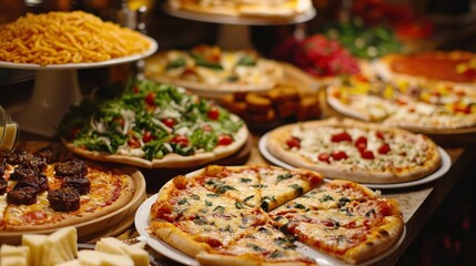  a table topped with lots of different types of pizzas and other food on top of wooden serving trays.