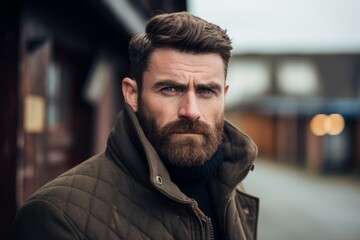 Portrait of a handsome young man with a beard and mustache wearing a warm jacket.