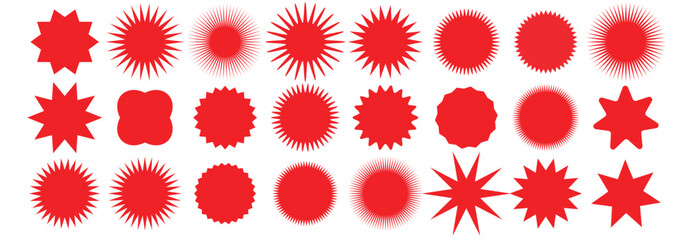 Set of red starburst, sunburst badges. Design elements.  collection of special offer sale round and oval sunburst labels and buttons isolated on white background.